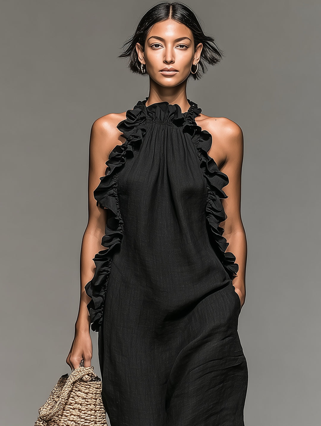 Robe en lin mélangé avec détails à volants