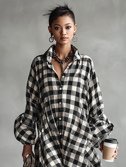 Robe longue minimaliste ample à carreaux