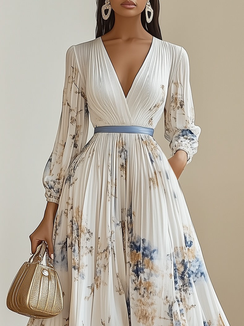 Robe longue plissée en mousseline de soie à fleurs