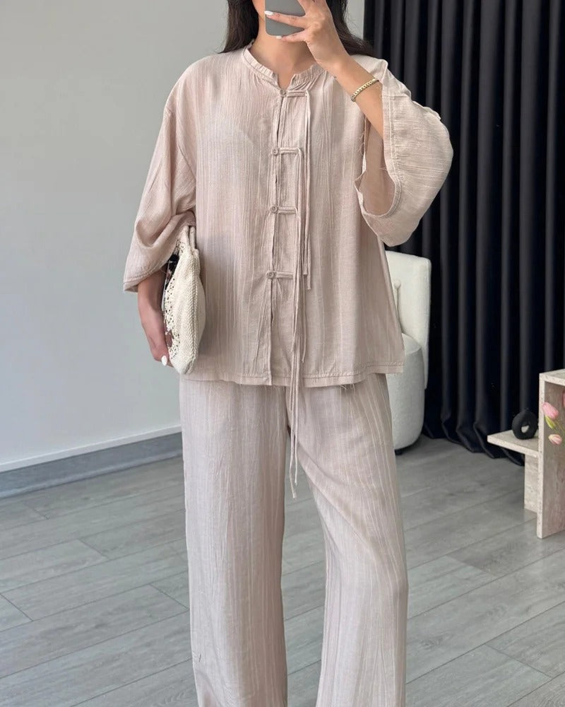 Ensemble deux pièces chemise boutonnée et pantalon tendance