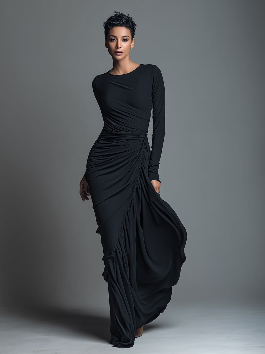 Robe longue froncée en jersey noir élégant