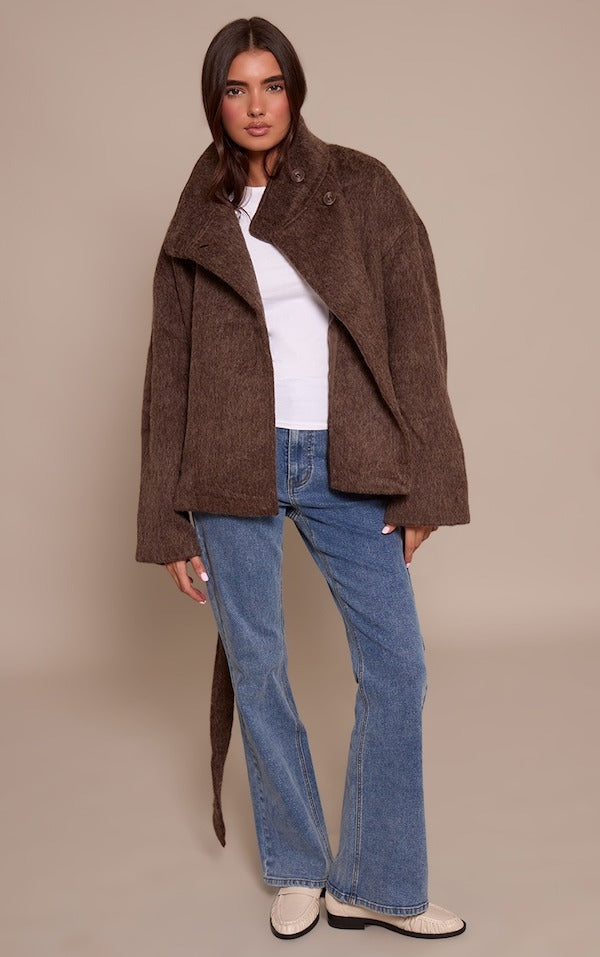 Manteau à nouer en fausse laine brossée chocolat