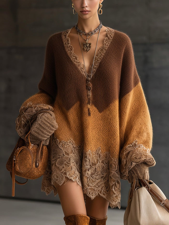 Robe oversize à manches longues en maille dentelle