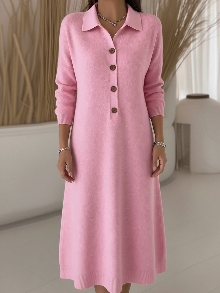 Robe midi classique en maille unie à col polo et boutons