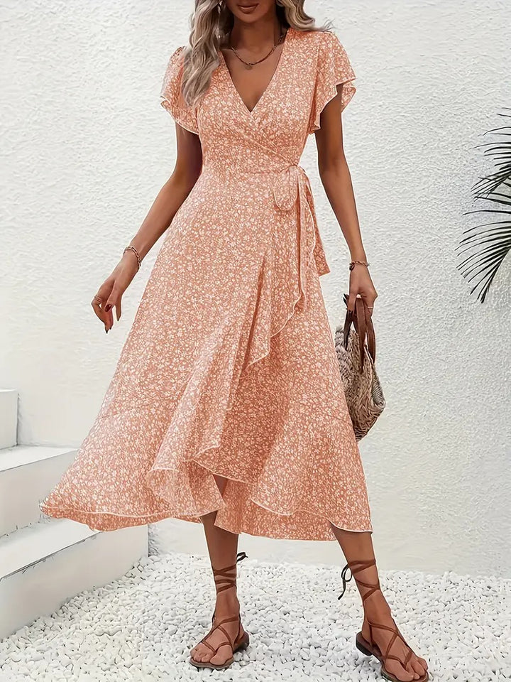 Robe mi-longue élégante à motifs floraux