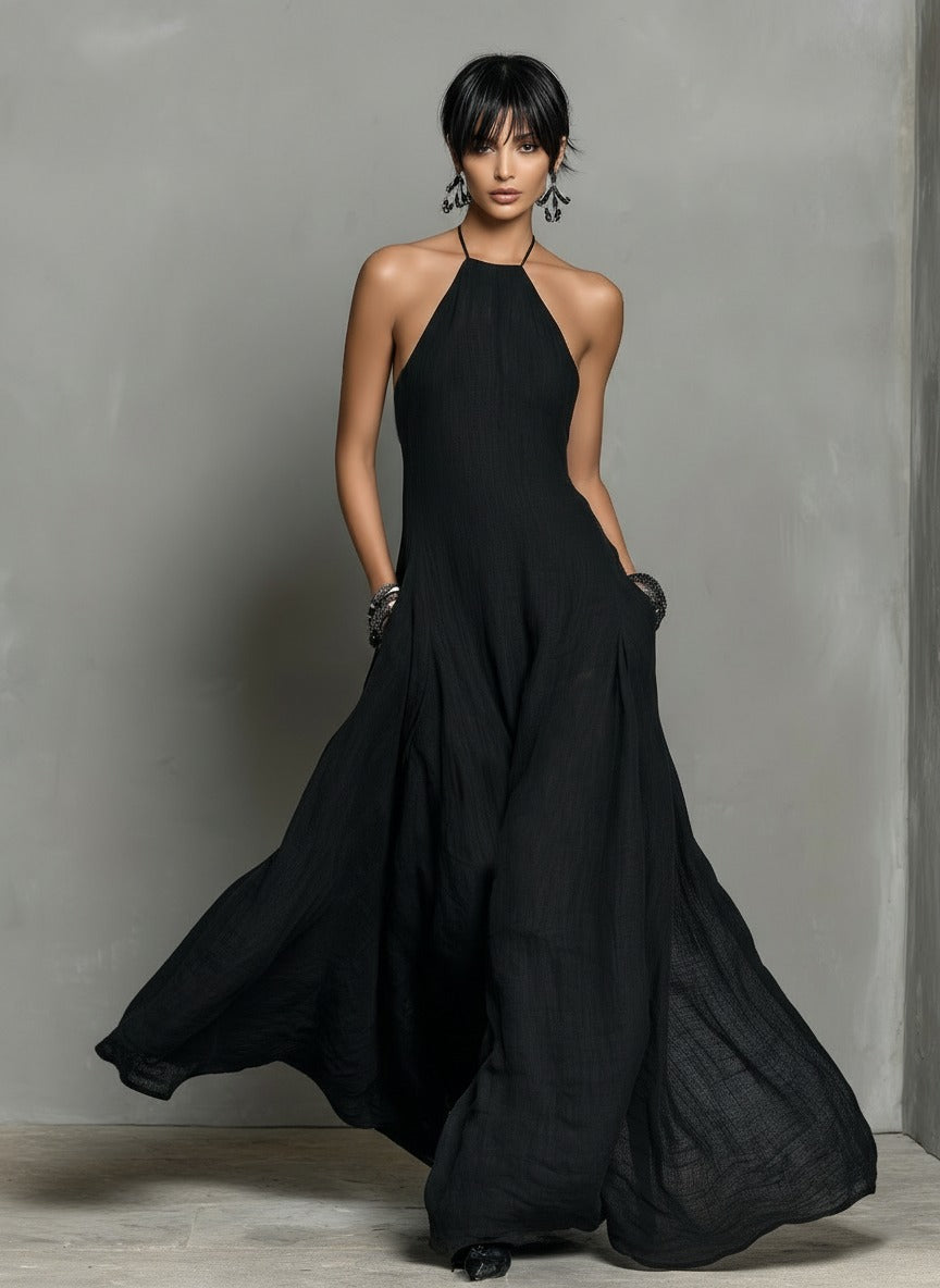 Robe longue à col halter en lin mélangé
