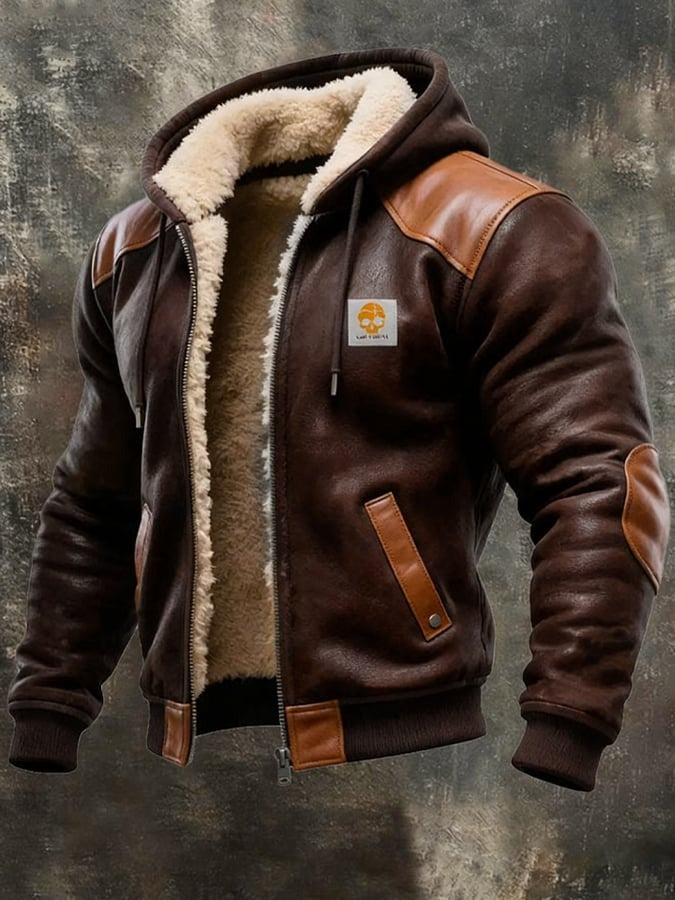 Veste vintage chaude en daim et cuir avec capuche