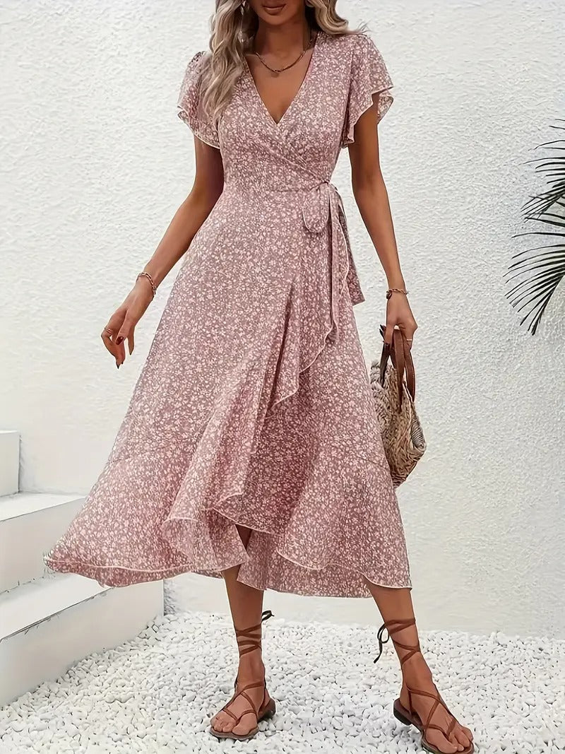 Robe mi-longue élégante à motifs floraux