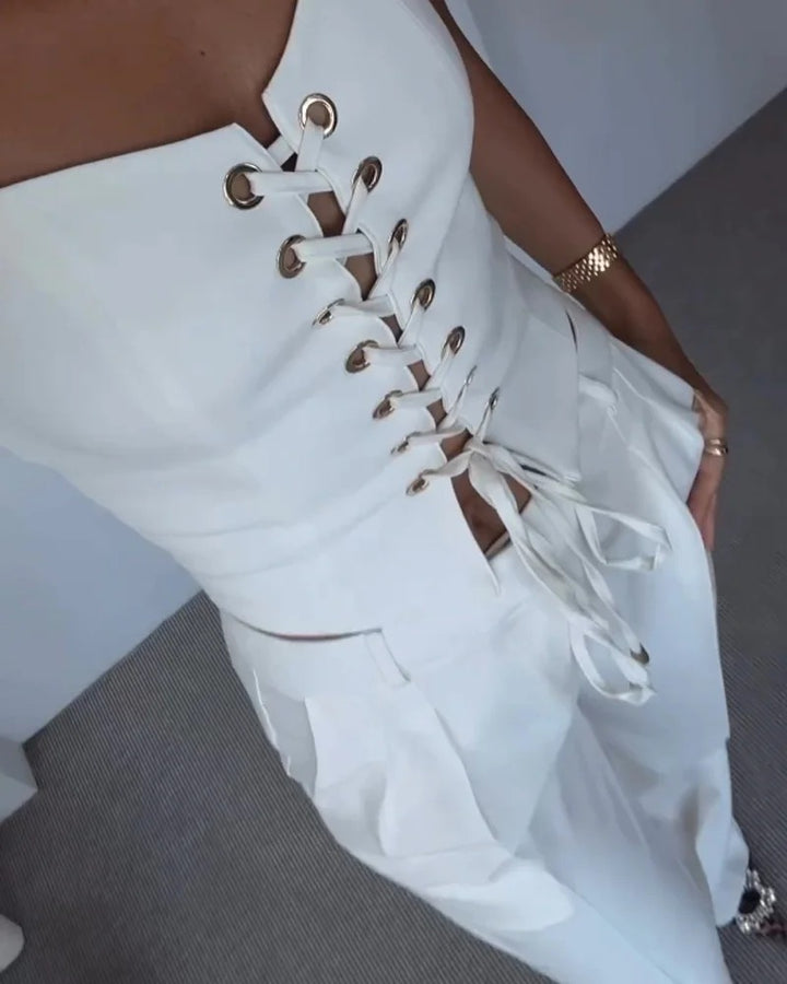 Ensemble deux pièces haut et pantalon à cordons