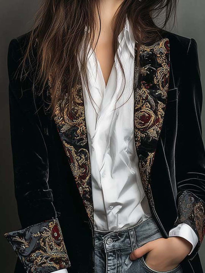 Blazer Slim Fit de Mujer con Estampado Barroco Negro