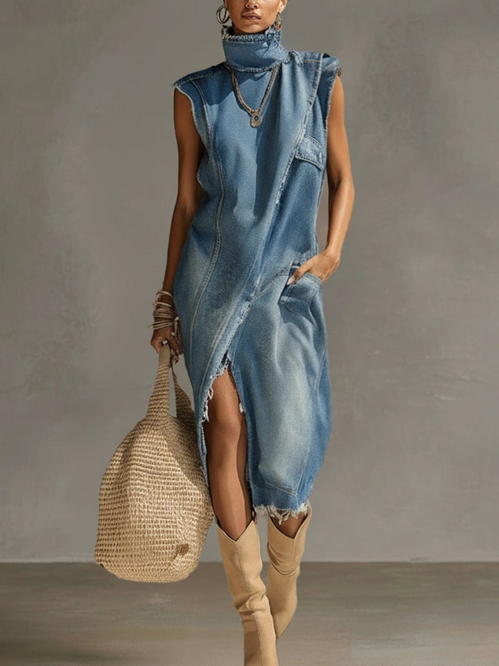Robe sans manches à col montant effiloché en denim
