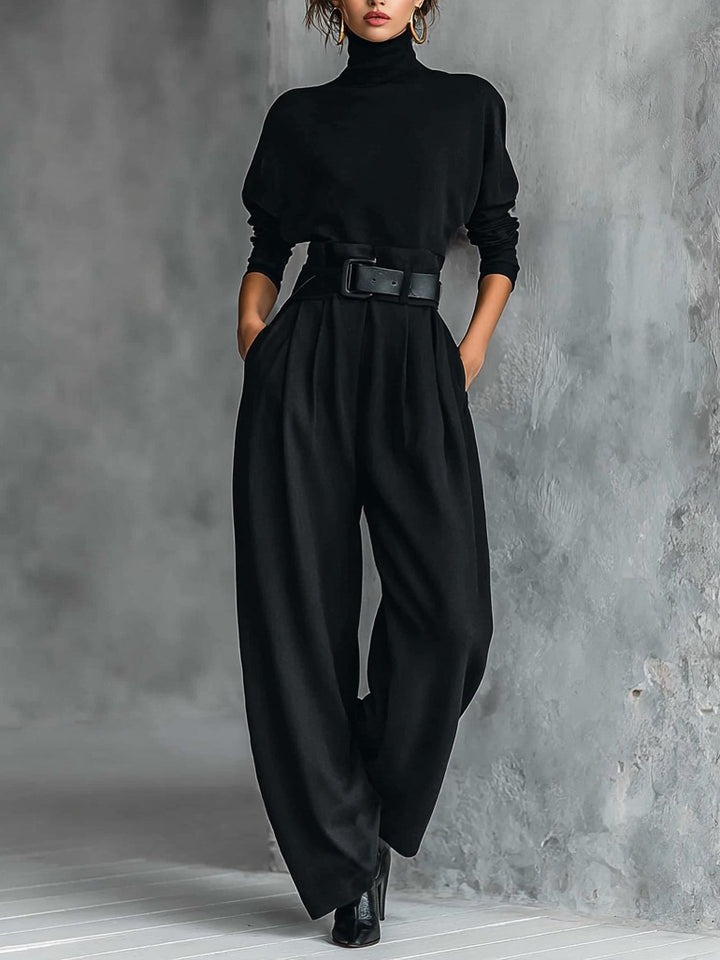 Ensemble haut col roulé noir à manches longues et pantalon droit (ceinture incluse)