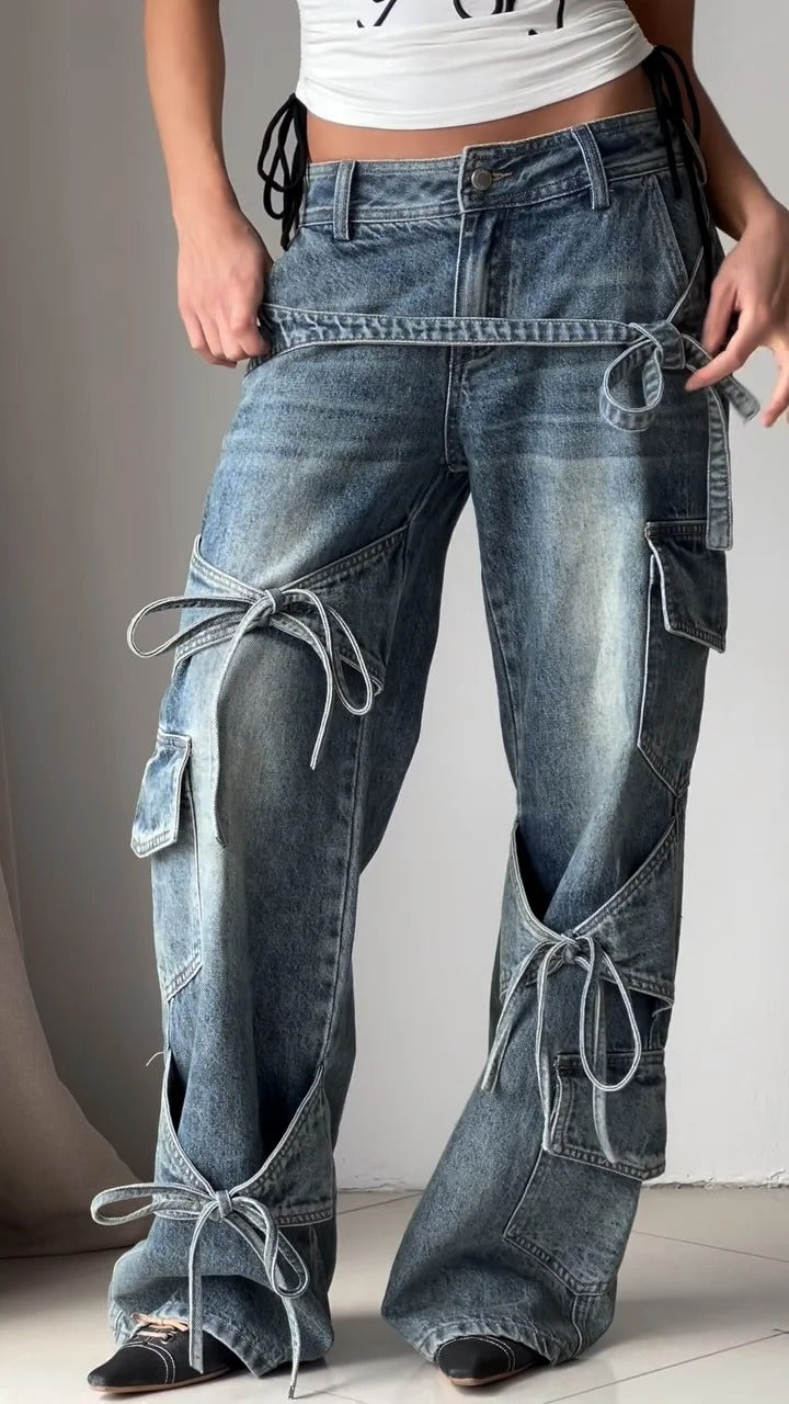 Jean utilitaire en denim avec nœud