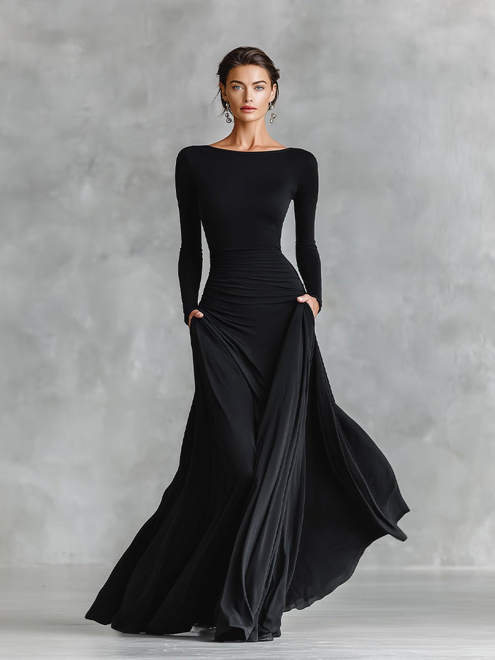 Robe longue en crêpe froncée à col bateau