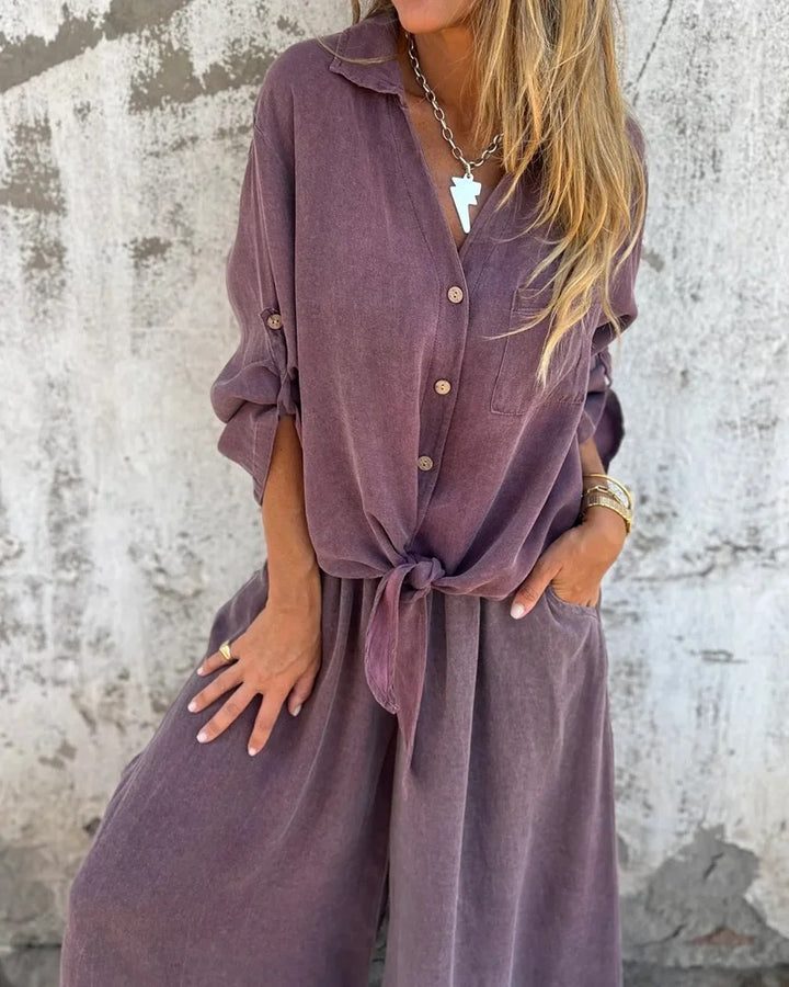 Ensemble deux pièces décontracté avec chemise unie et jambe large