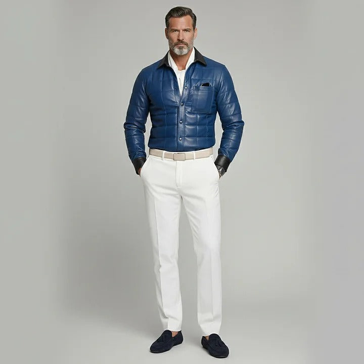 Chemise homme à carreaux bleus en similicuir