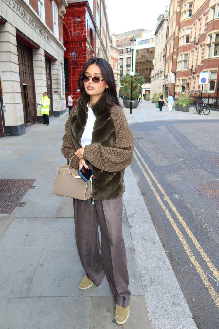 Manteau bomber kaki en fausse fourrure