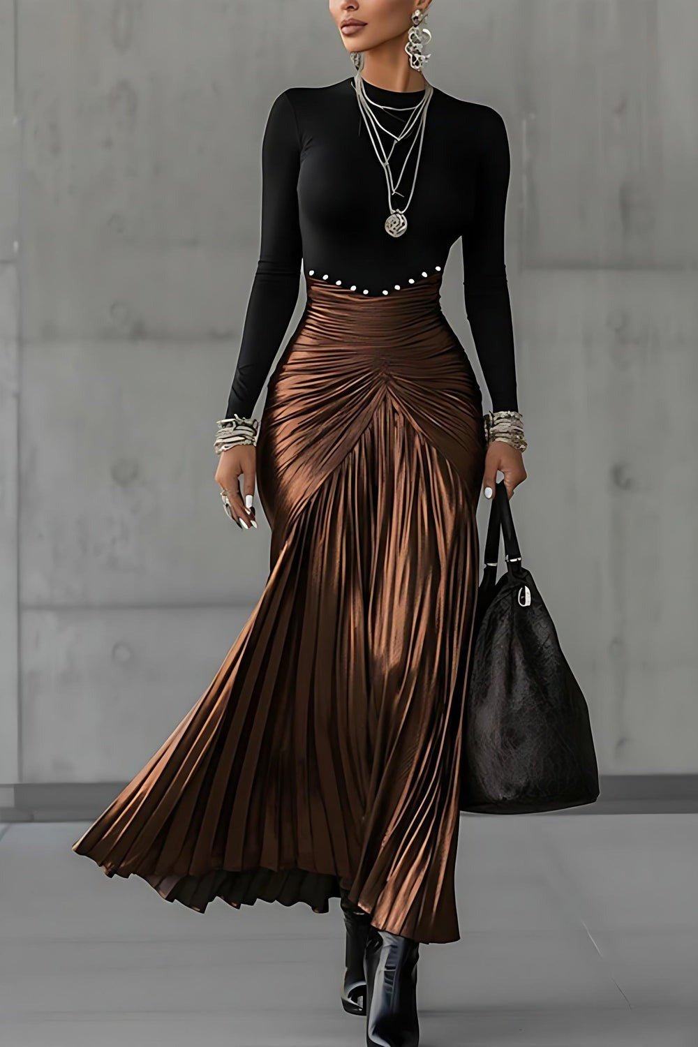 Robe longue plissée métallisé