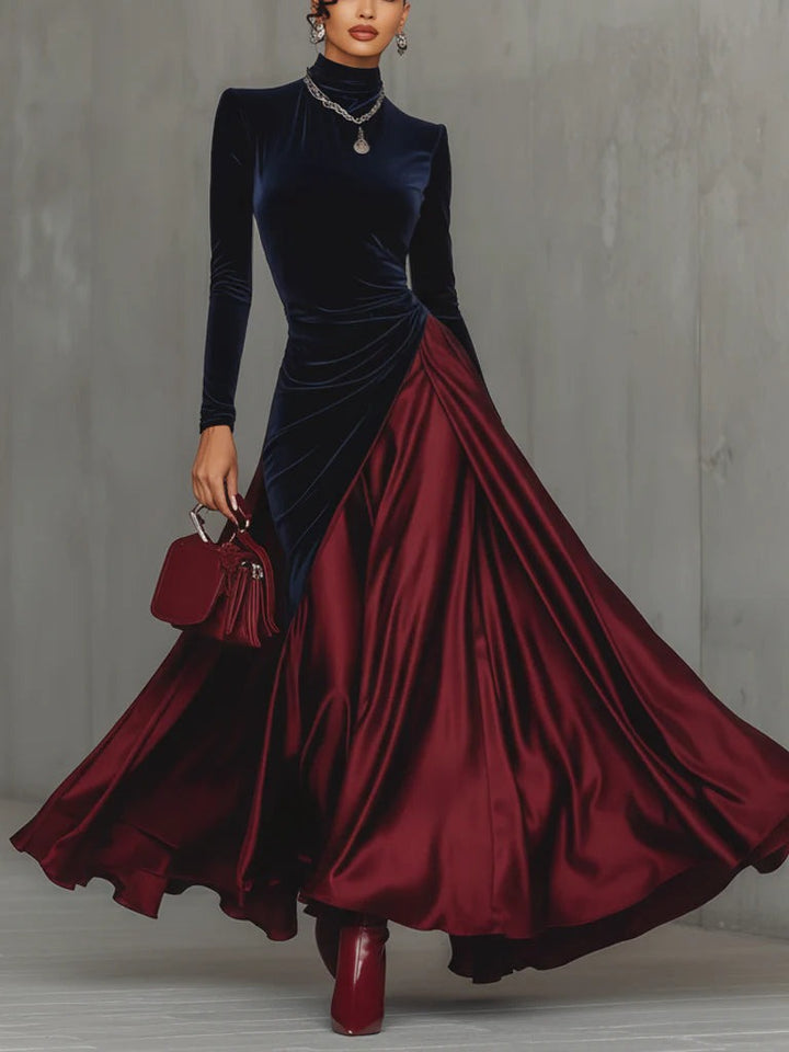 Robe longue en velours bleu et satin bordeaux