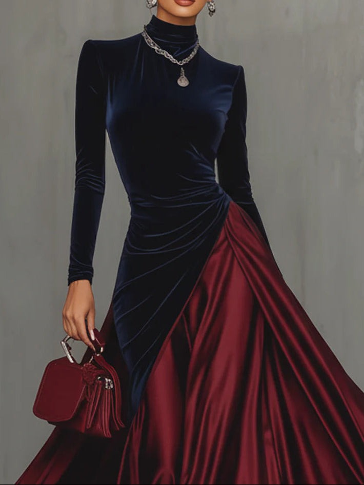 Robe longue en velours bleu et satin bordeaux