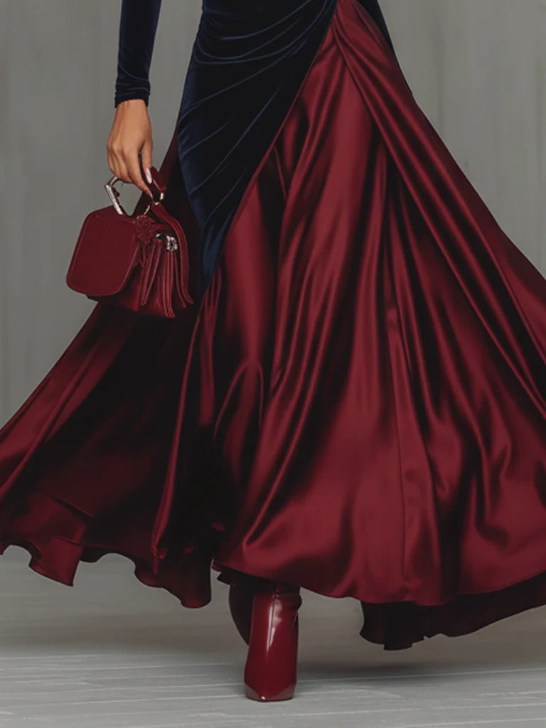 Robe longue en velours bleu et satin bordeaux