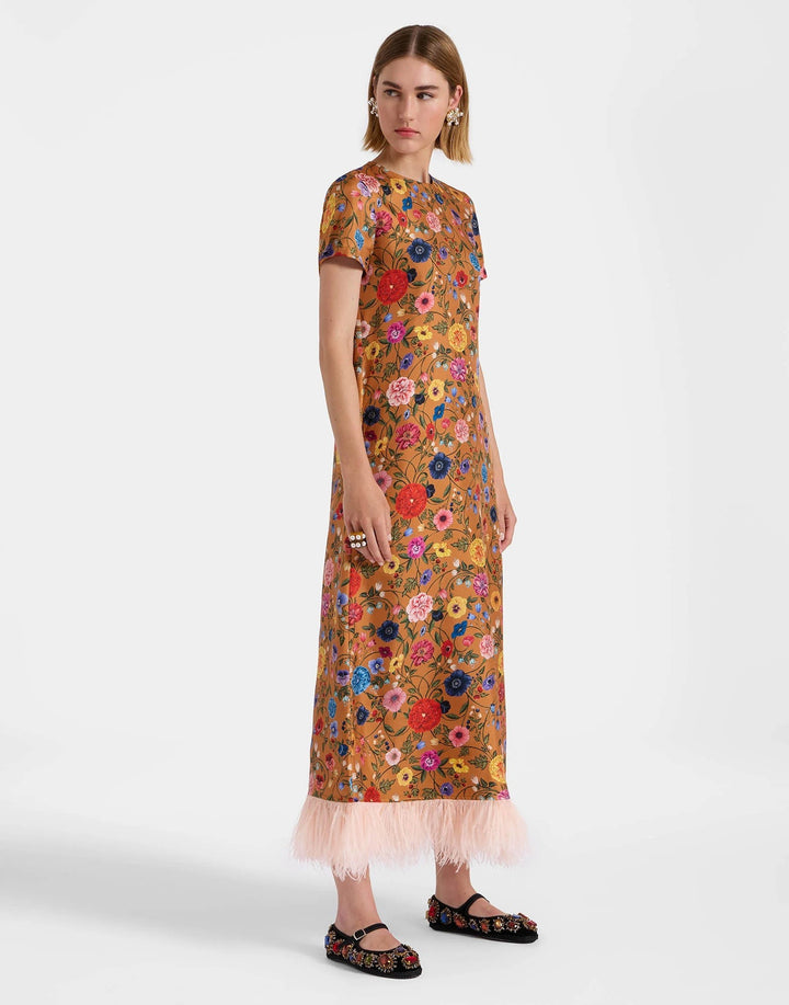 Robe à imprimé floral et plumes