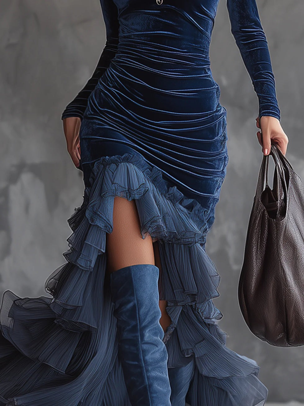 Robe longue plissée à volants en velours bleu foncé