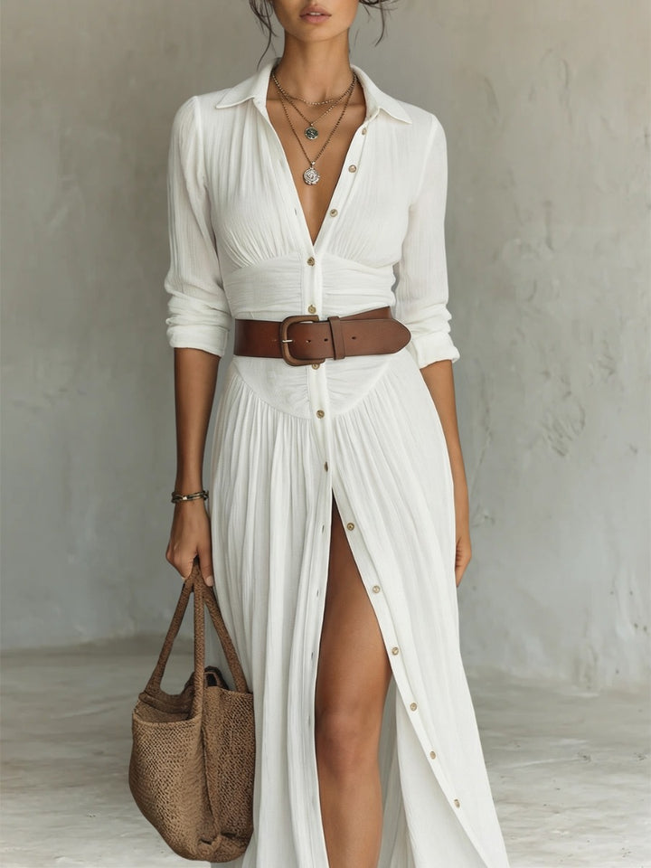 Robe à col revers et manches longues en lin