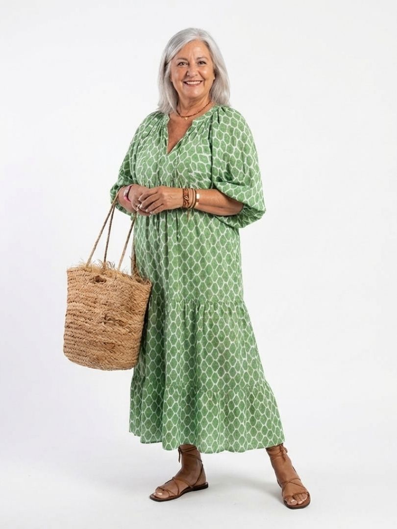 Agnese | Midi dress with three-quarter sleeves, V-neckline, and pattern