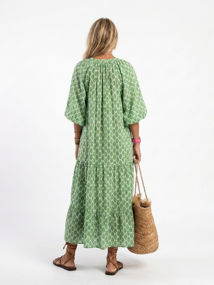Agnese | Midi dress with three-quarter sleeves, V-neckline, and pattern