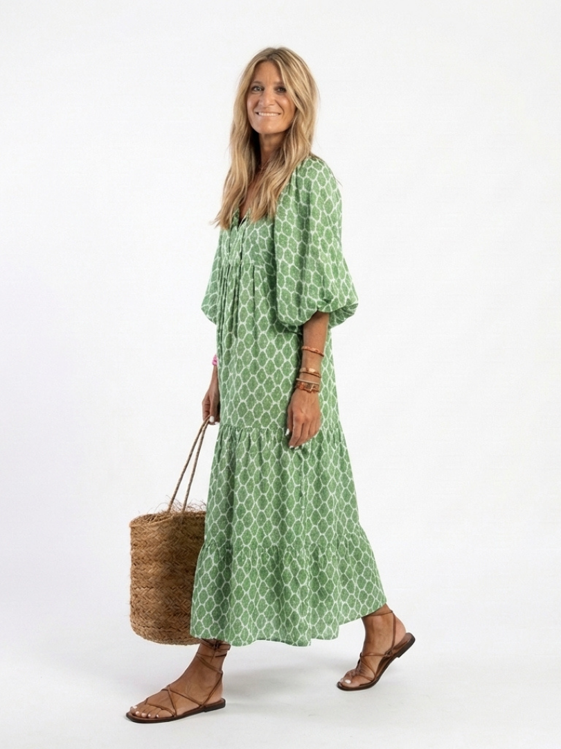 Agnese | Midi dress with three-quarter sleeves, V-neckline, and pattern