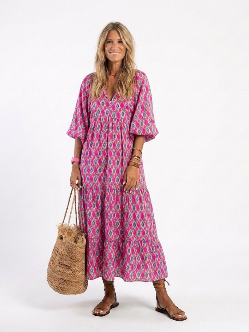 Agnese | Midi dress with three-quarter sleeves, V-neckline, and pattern