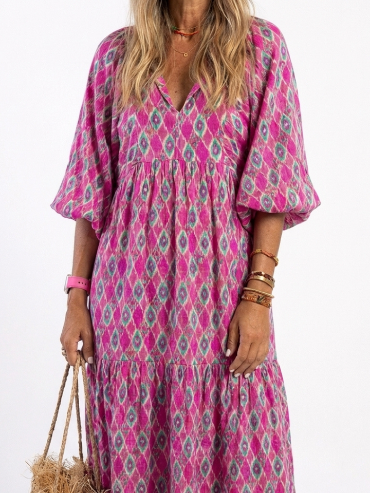 Agnese | Midi dress with three-quarter sleeves, V-neckline, and pattern