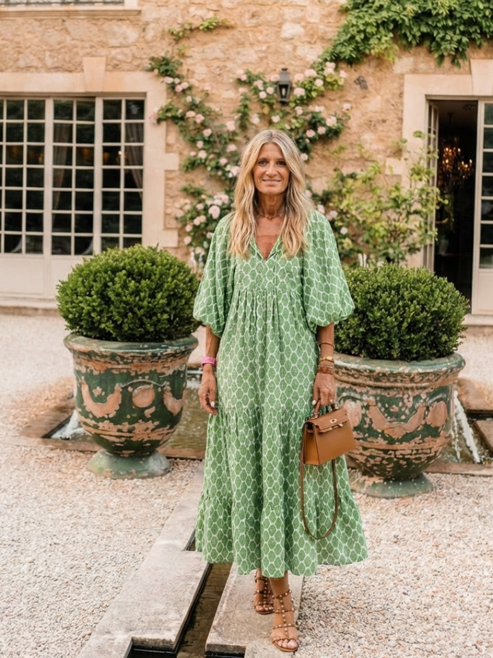 Agnese | Midi dress with three-quarter sleeves, V-neckline, and pattern