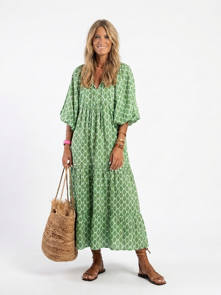 Agnese | Midi dress with three-quarter sleeves, V-neckline, and pattern