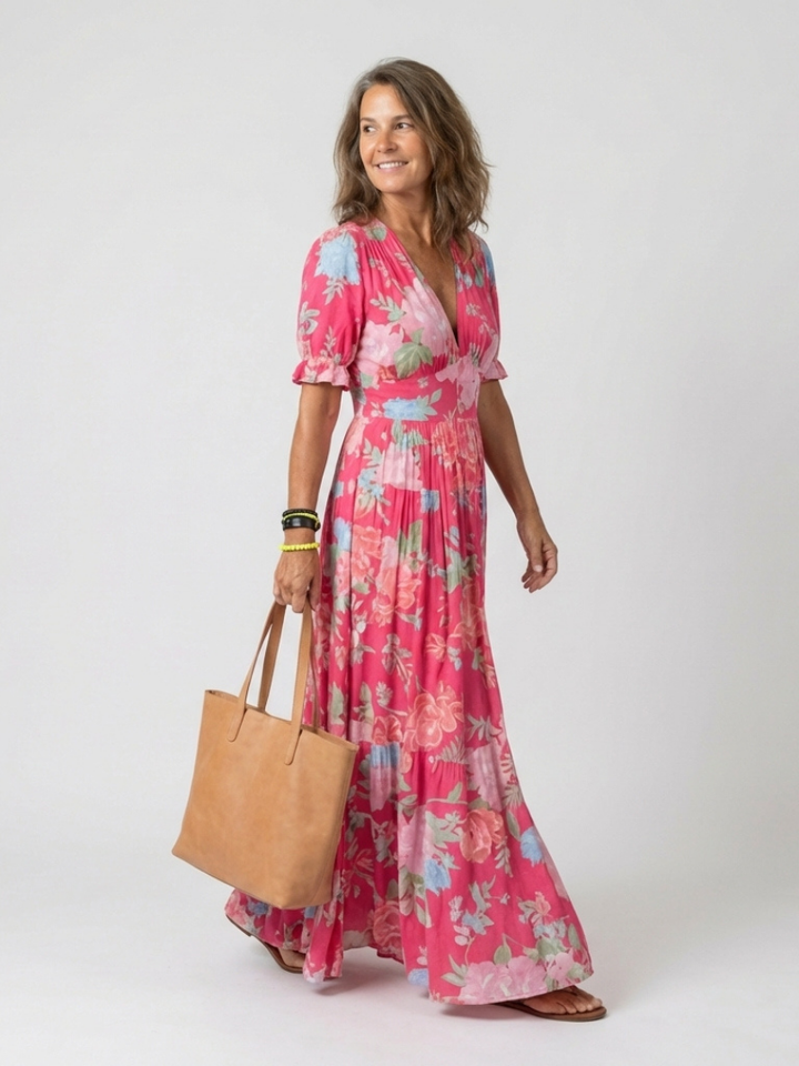Pink | Midi Floral Dress with Short Sleeves and V-Neck