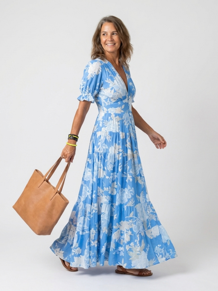Pink | Midi Floral Dress with Short Sleeves and V-Neck