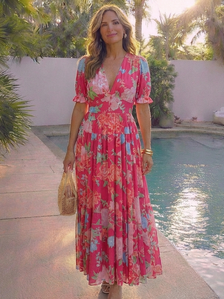Pink | Midi Floral Dress with Short Sleeves and V-Neck