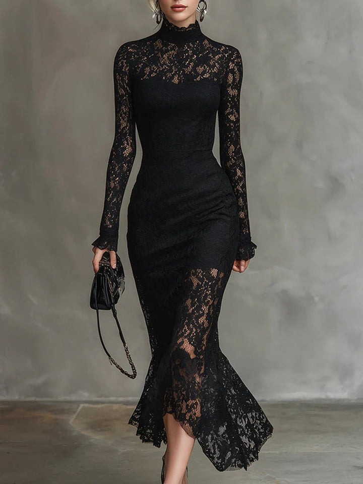 Élégante robe longue noire en dentelle