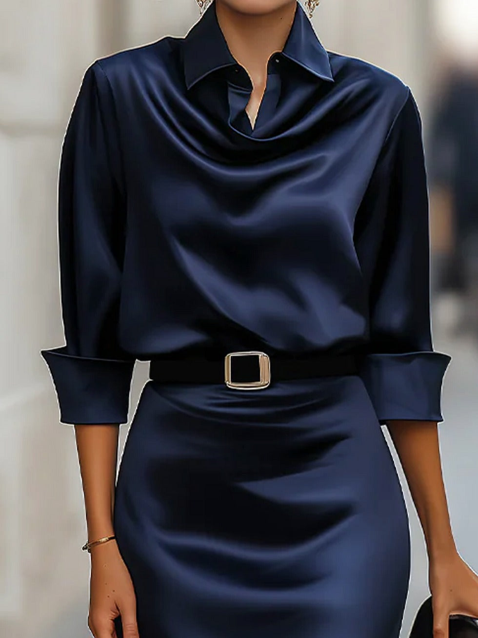 Robe élégante unie à col chemise, longueur genou, avec ceinture