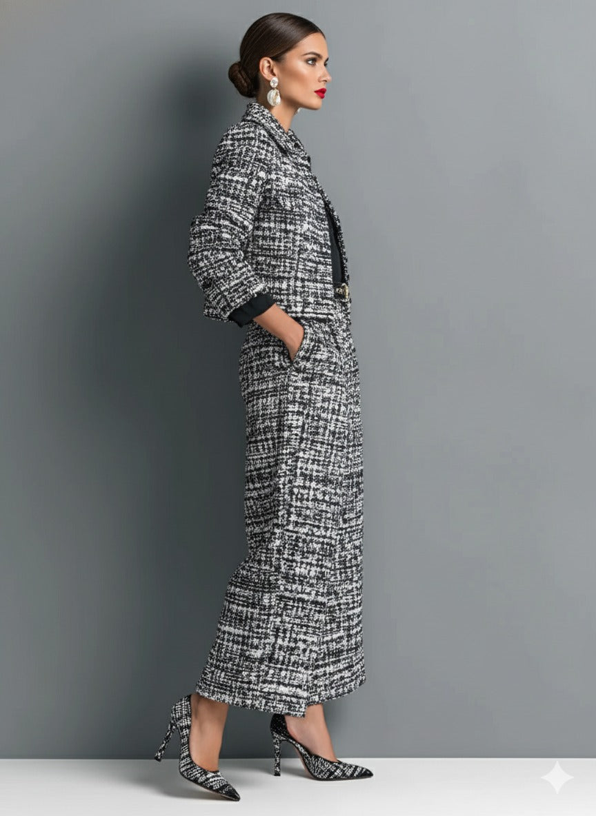 Ensemble veste courte et pantalon large en tweed mélangé