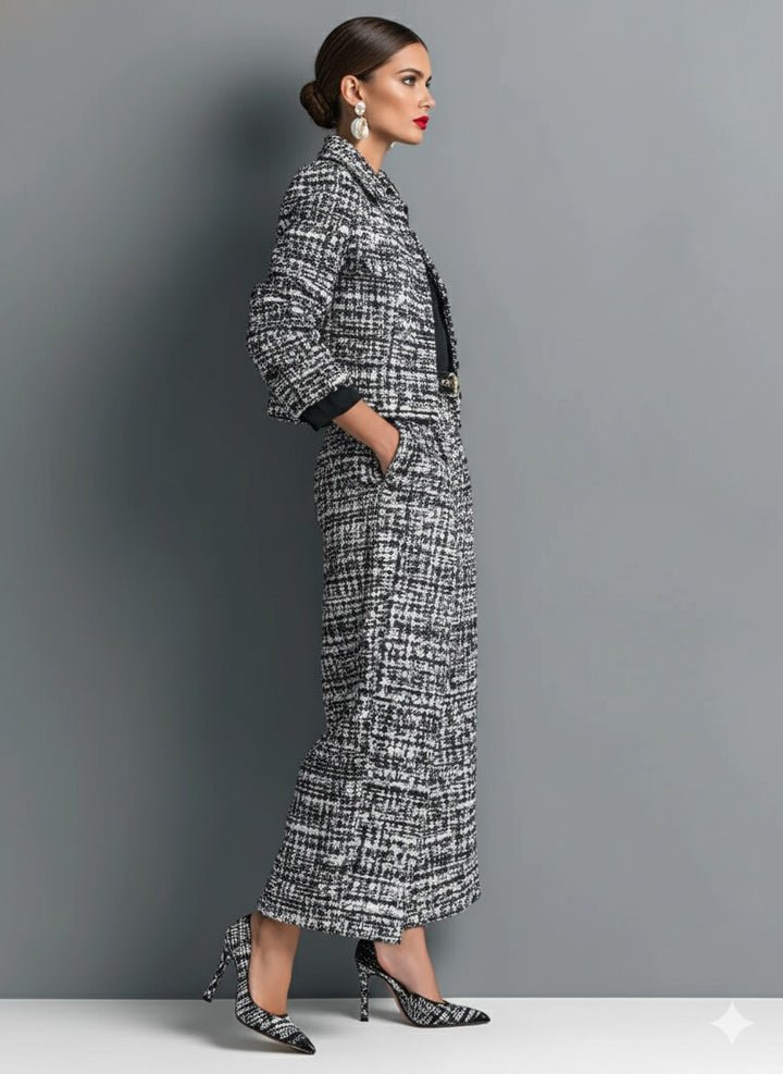 Ensemble veste courte et pantalon large en tweed mélangé