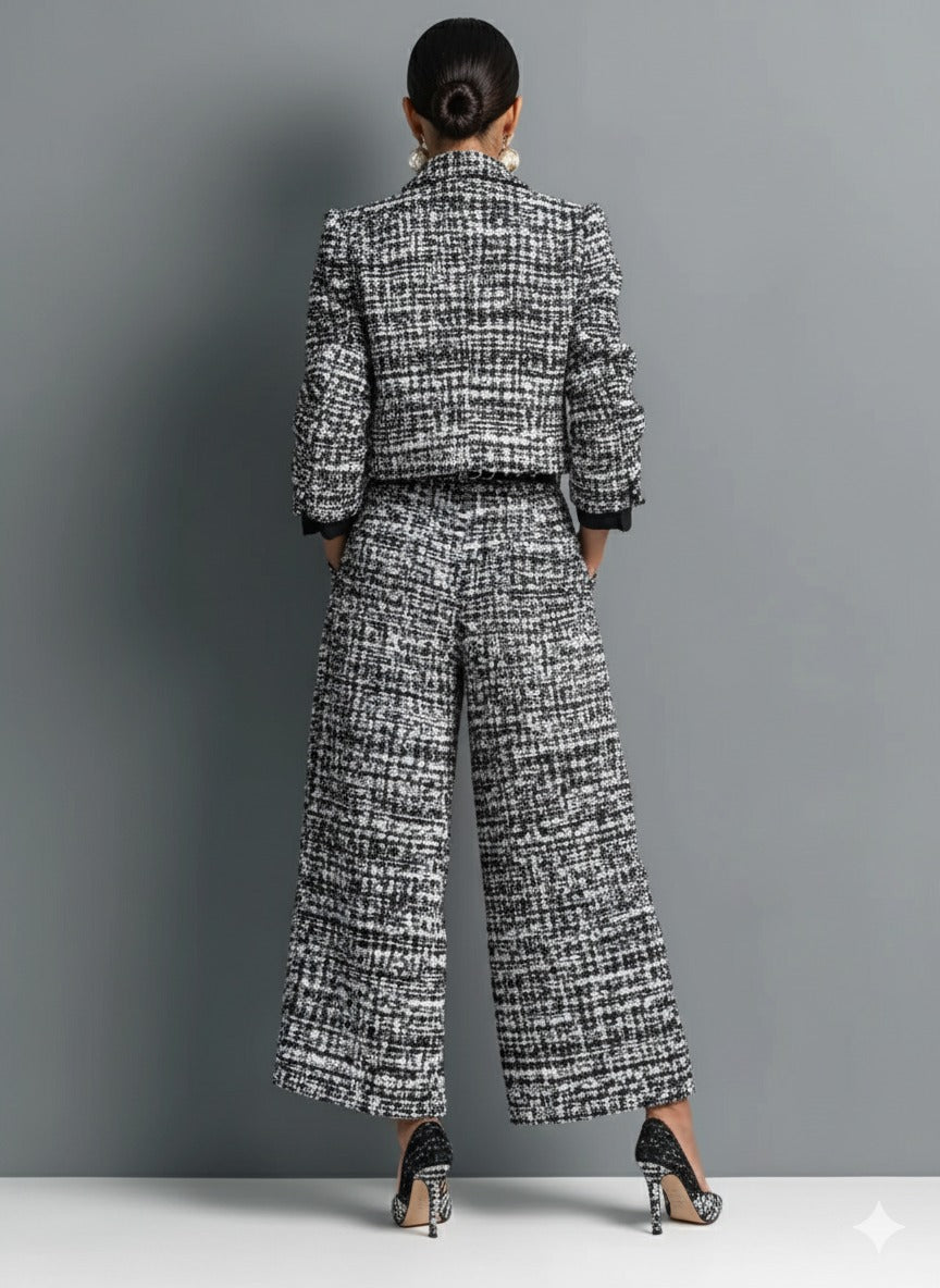 Ensemble veste courte et pantalon large en tweed mélangé