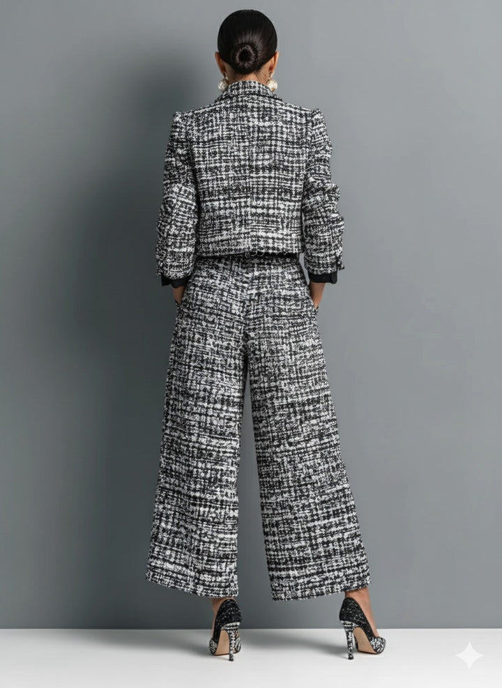 Ensemble veste courte et pantalon large en tweed mélangé