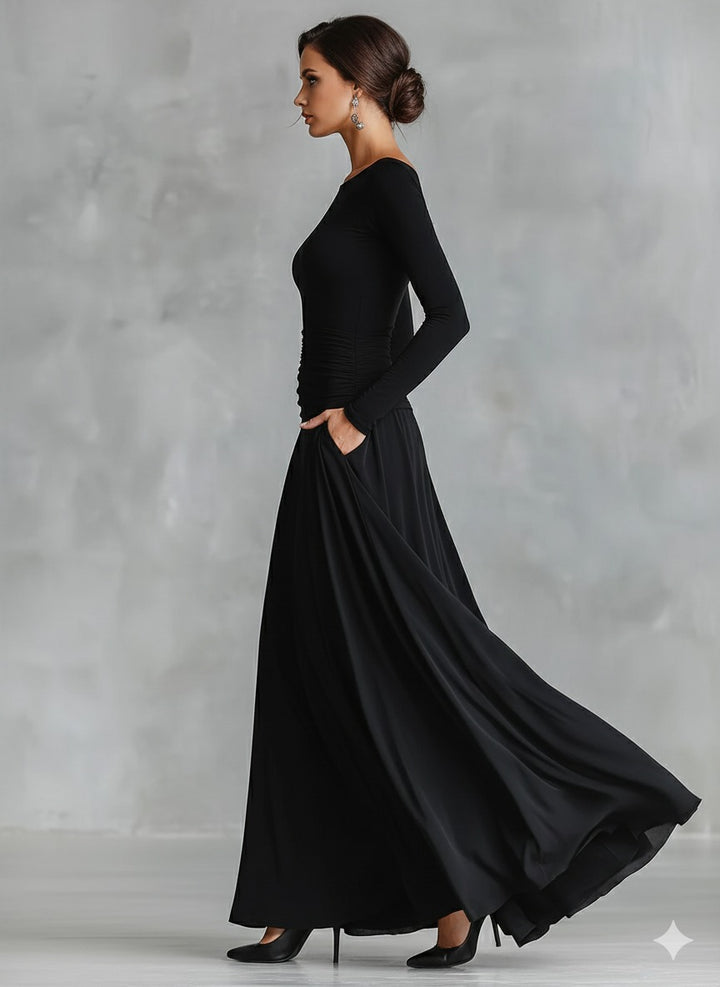 Robe longue en crêpe froncée à col bateau