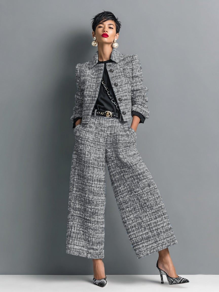 Ensemble veste courte et pantalon large en tweed mélangé