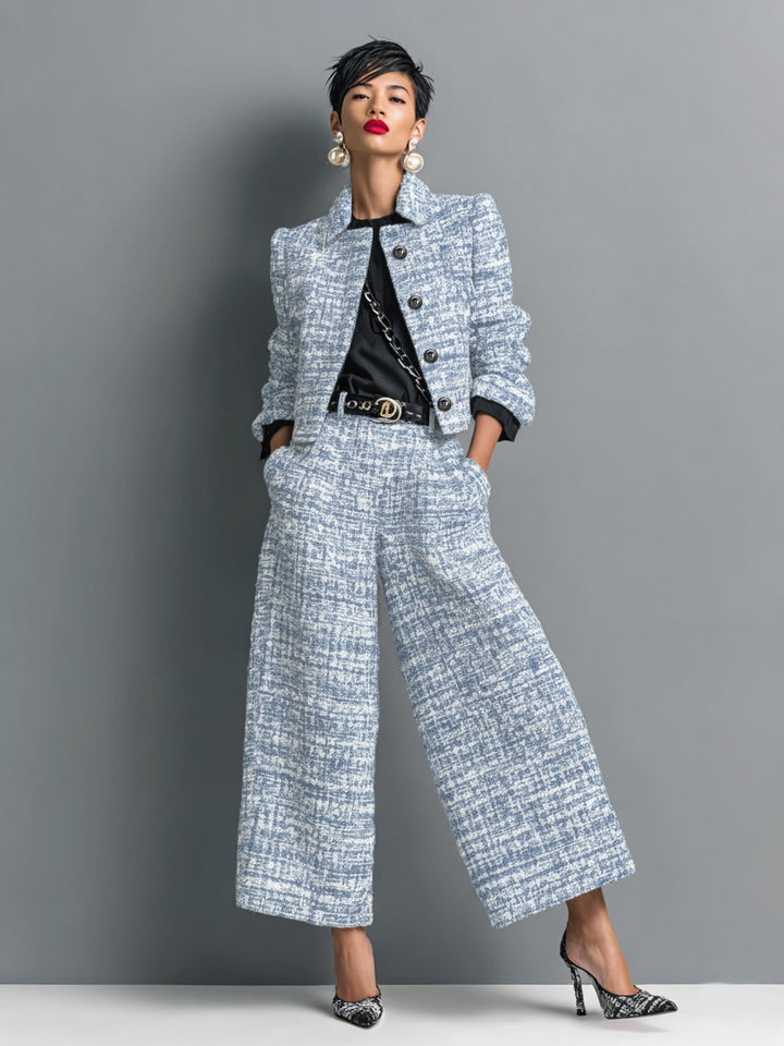 Ensemble veste courte et pantalon large en tweed mélangé