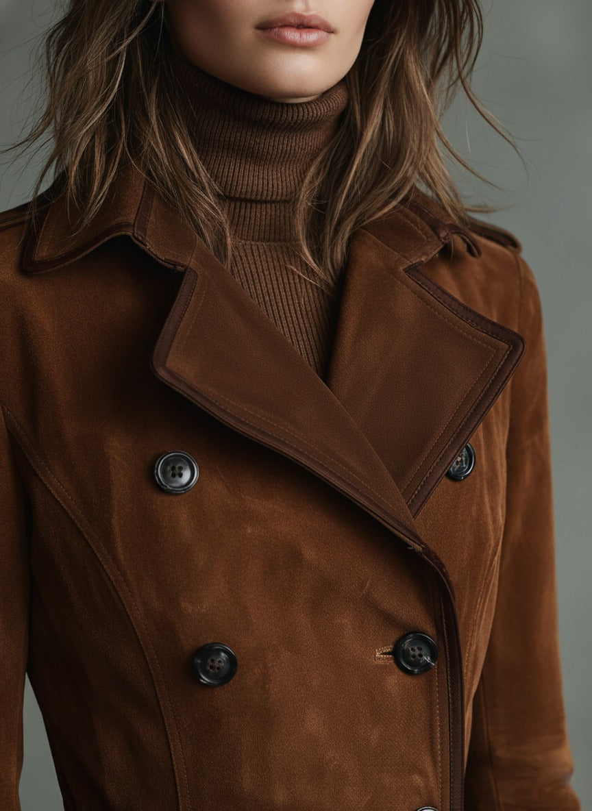 Manteau long croisé à revers et bordure en daim