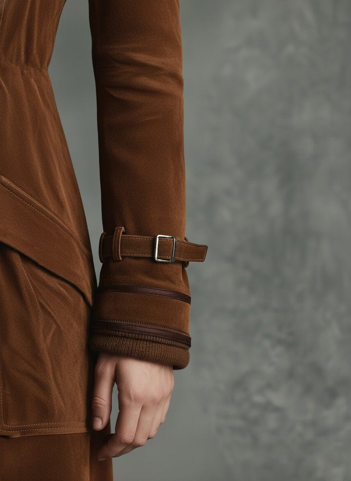 Manteau long croisé à revers et bordure en daim