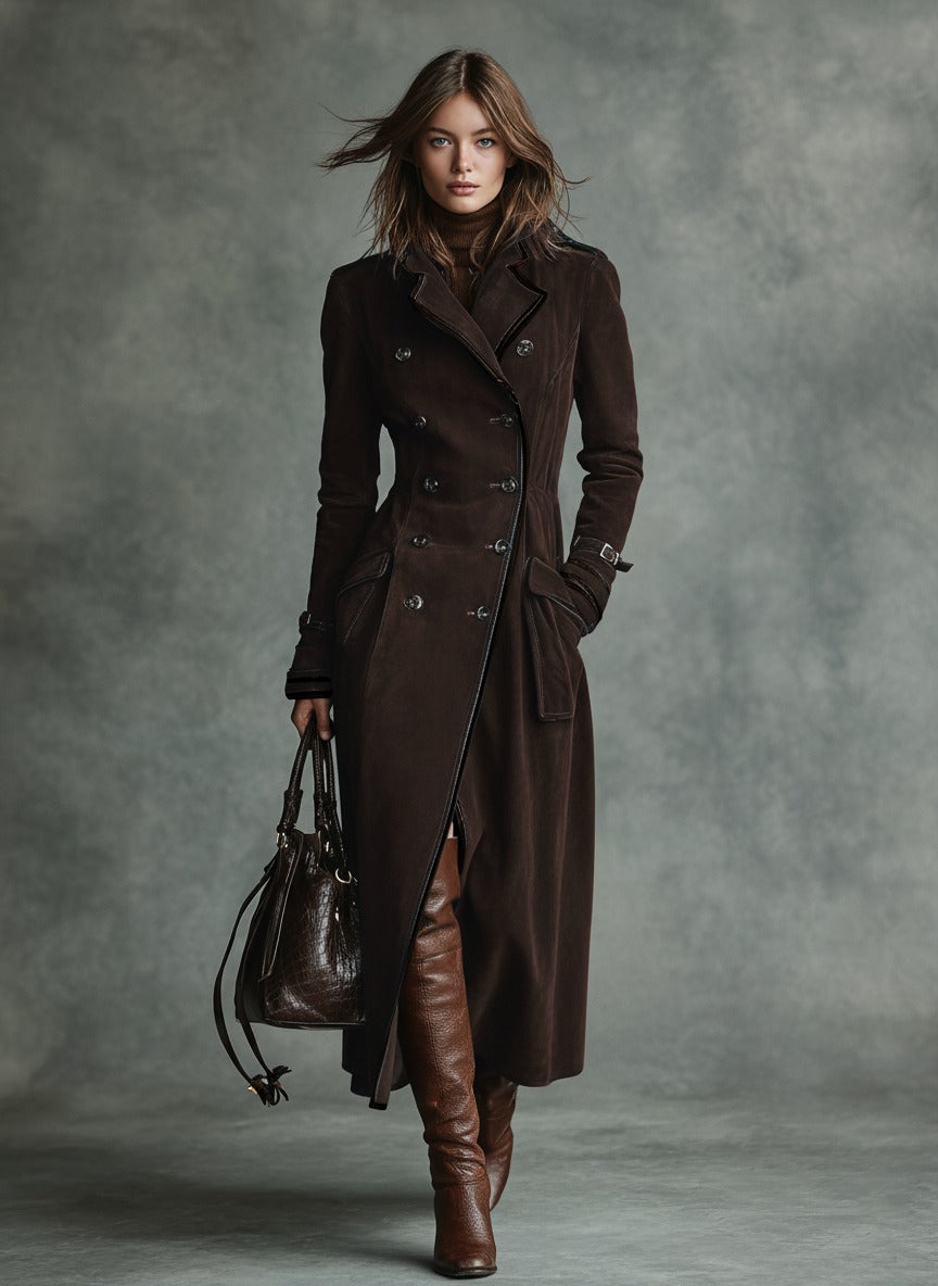 Manteau long croisé à revers et bordure en daim
